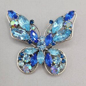 Vintage Rhinestone Butterfly Brooch Pin Various Blue Colors Silver Tone Setting
